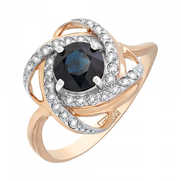 Золотое кольцо с чер. сапфиром и фианитом № 83893