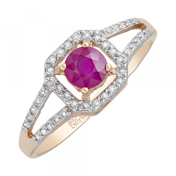 Золотое кольцо с бриллиантом и рубином № 120113