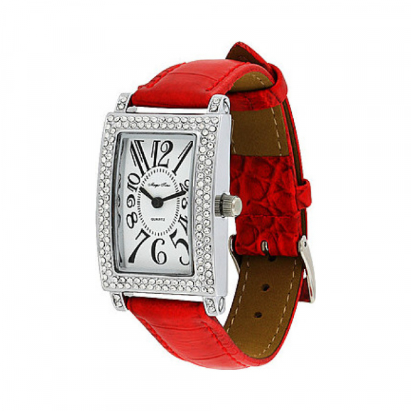 Часы кварц Magic Time  фианитами и перламутром на красном ремешке № 85343