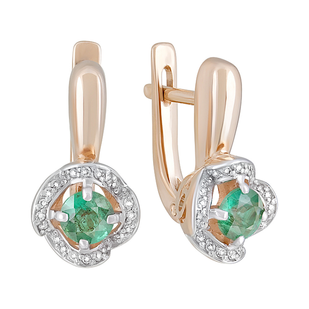 Золотые серьги с бриллиантом и изумрудом № 123688