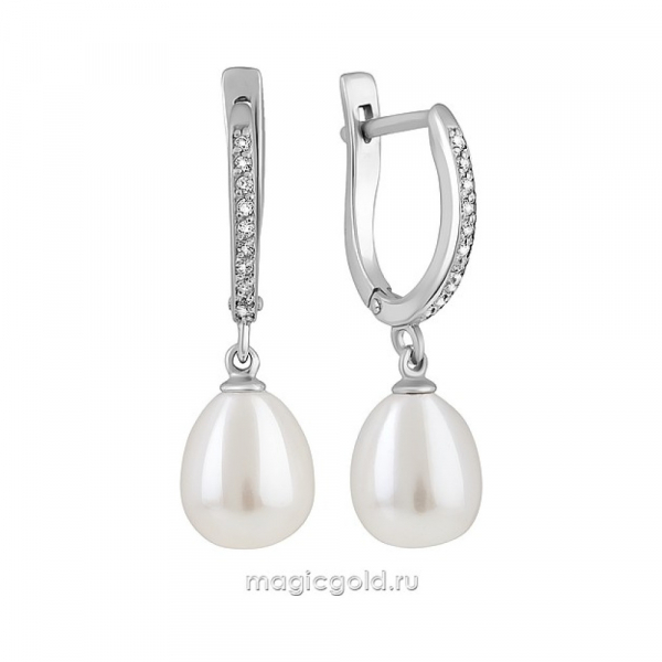 Серебряные серьги с культивированным жемчугом и фианитом № 162422