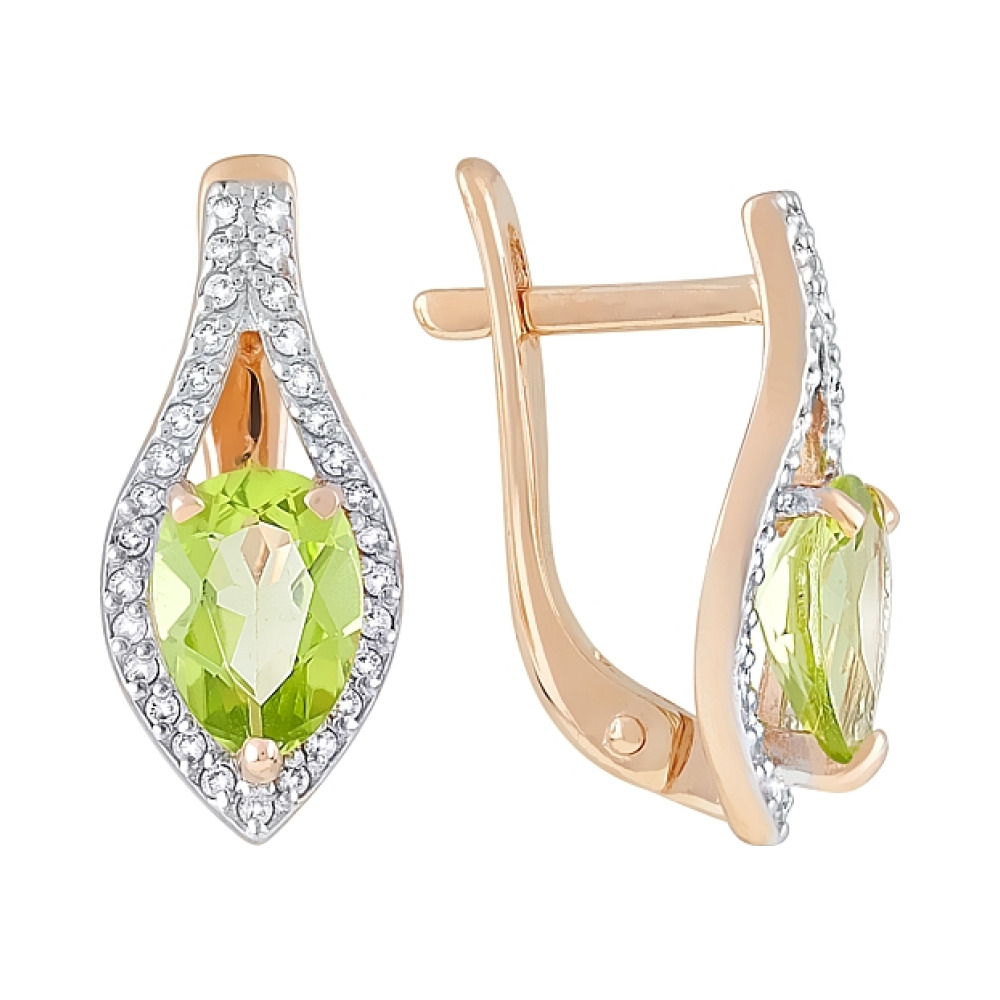 Золотые серьги с хризолитом и фианитом № 119633