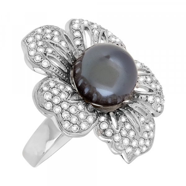 Серебряное кольцо с имитац. жемчуга и фианитом № 99604