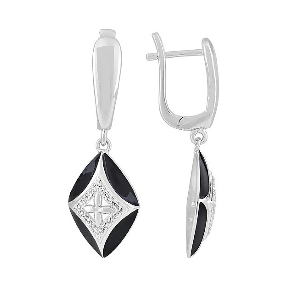 Серебряные серьги с фианитом и эмалью № 115226