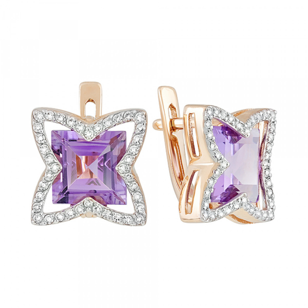Золотые серьги с аметистом и фианитом № 128492