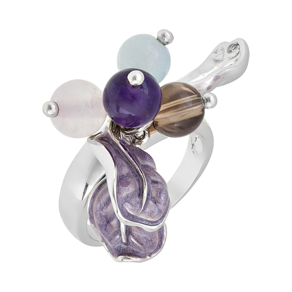 Серебряное кольцо с аметистом, дымчатым кварцем и аквам. № 34044