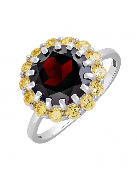 Серебряное кольцо с гранатом и фианитом № 132189