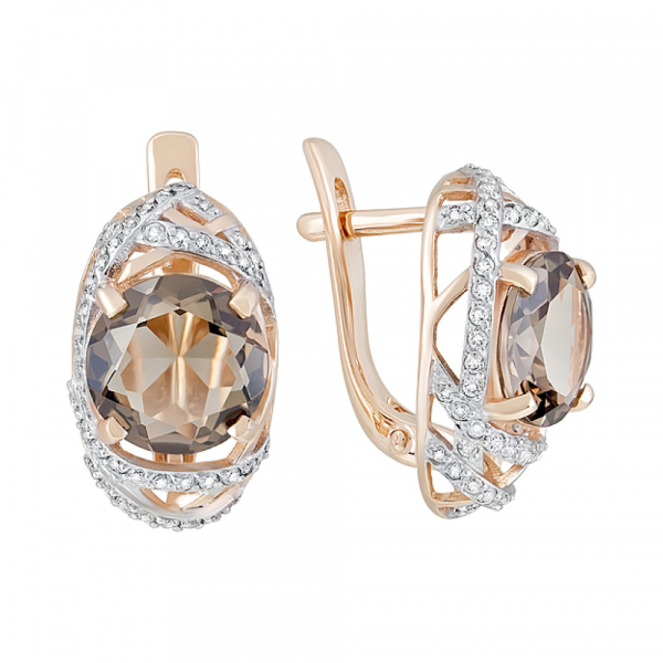 Золотые серьги с раухтопазом и фианитом № 124095