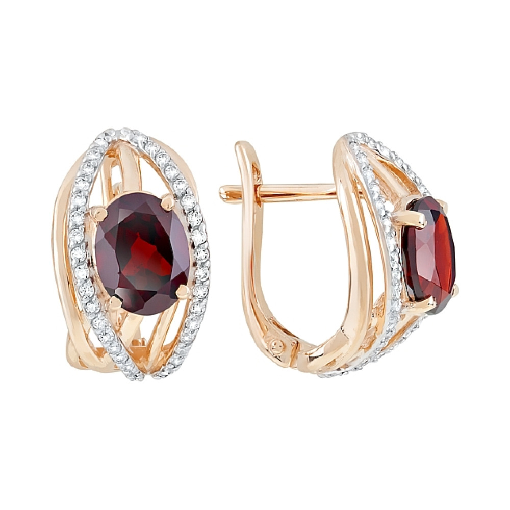 Золотые серьги с гранатом и фианитом № 119584