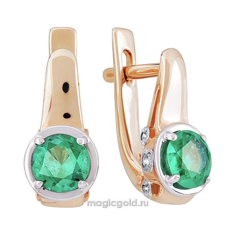 Золотые серьги с бриллиантом и изумрудом № 142006