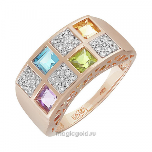 Золотое кольцо с полудрагоценными вставками и фианитом № 141814