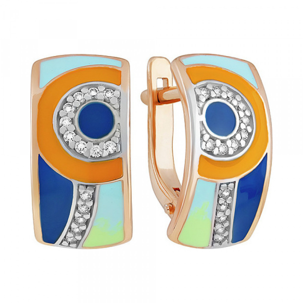 Серебряные серьги с эмалью, фианитом и золотым покрытием № 135807