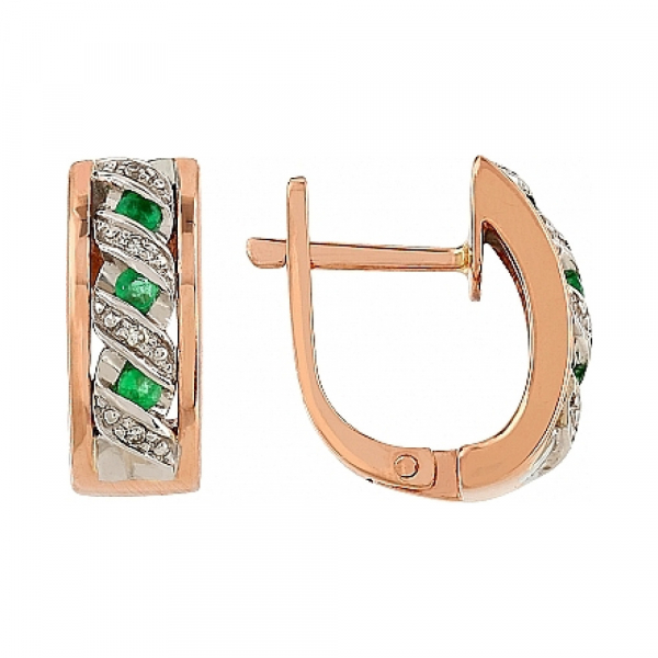 Золотые серьги с бриллиантом и изумрудом № 34335