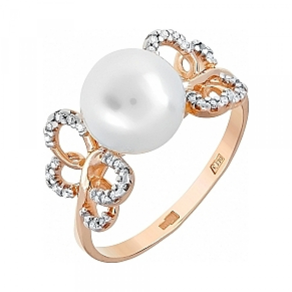 Золотое кольцо с жемчугом и фианитом № 115586