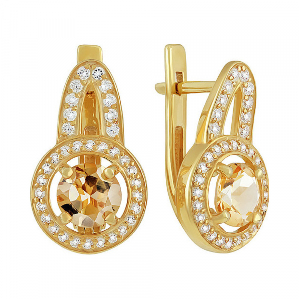 Серебряные серьги с цитрином,  фианитом и золотым покрытием № 133947