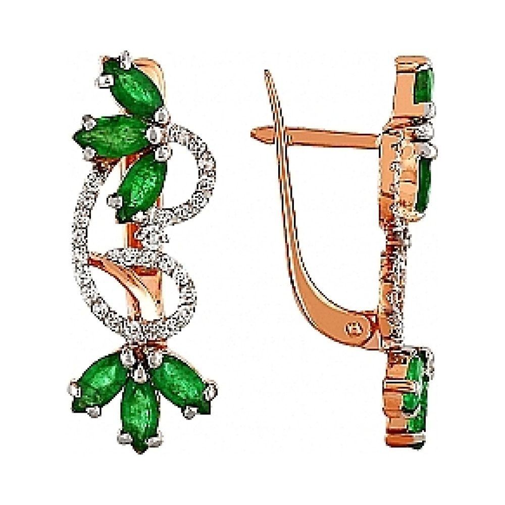 Золотые серьги с бриллиантом и изумрудом № 97867