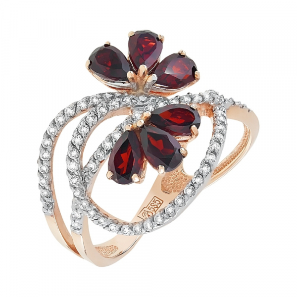 Золотое кольцо с гранатом и фианитом № 85845