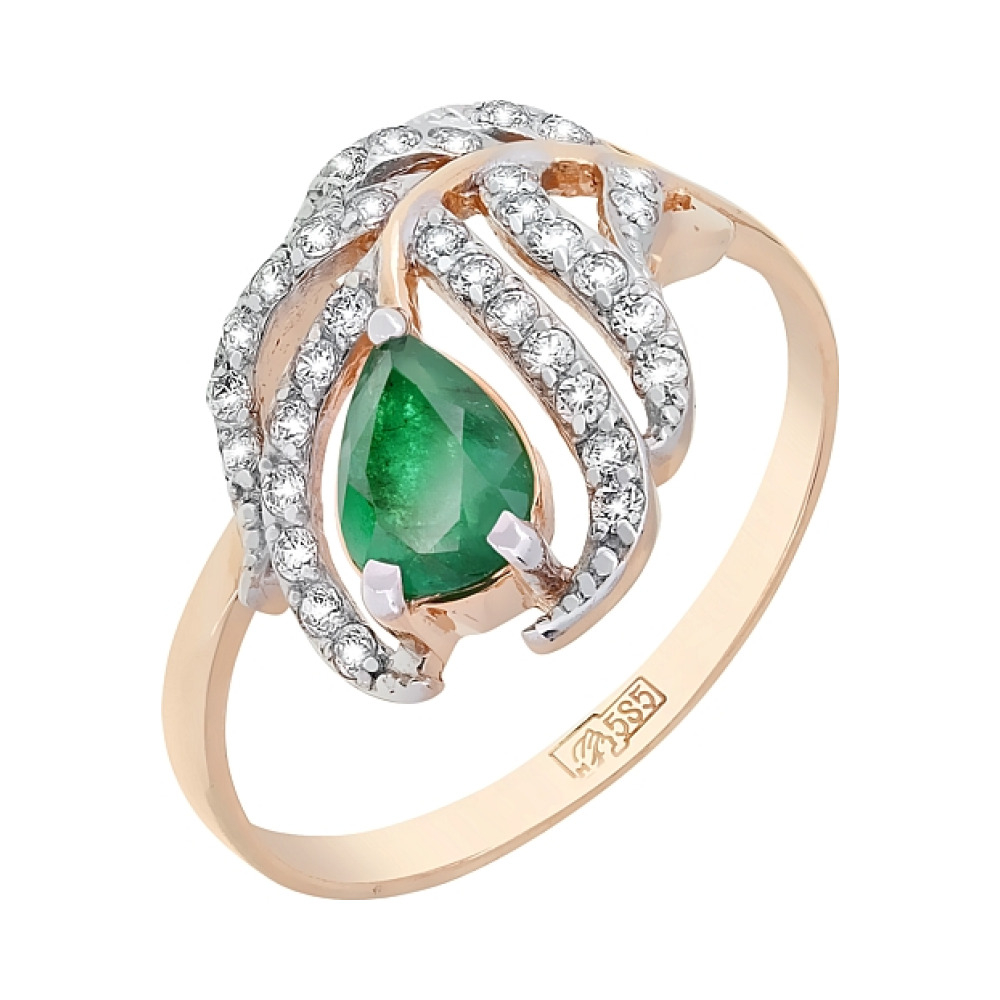 Золотое кольцо с изумрудом и фианитом № 118183