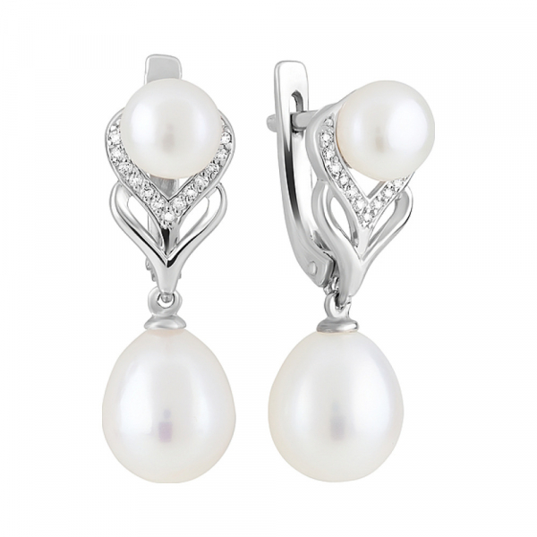 Серебряные серьги с жемчугом и фианитом № 124695