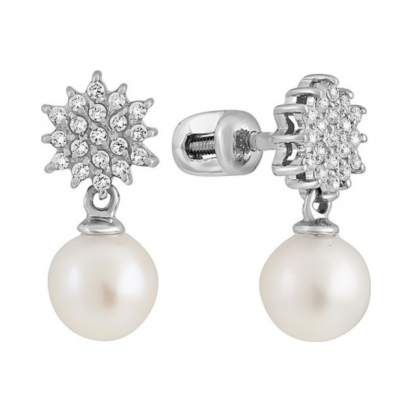 Серебряные серьги с жемчугом и фианитом № 131589
