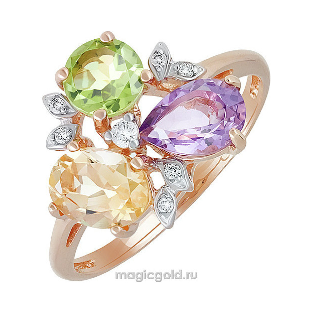 Золотое кольцо с полудрагоценными вставками и фианитом № 121791