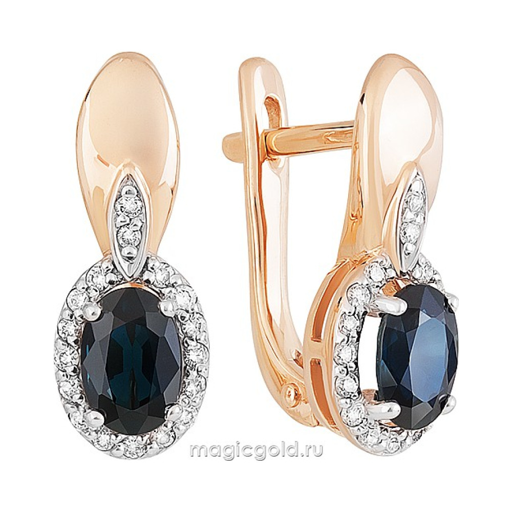 Золотые серьги с бриллиантом и сапфиром № 159131