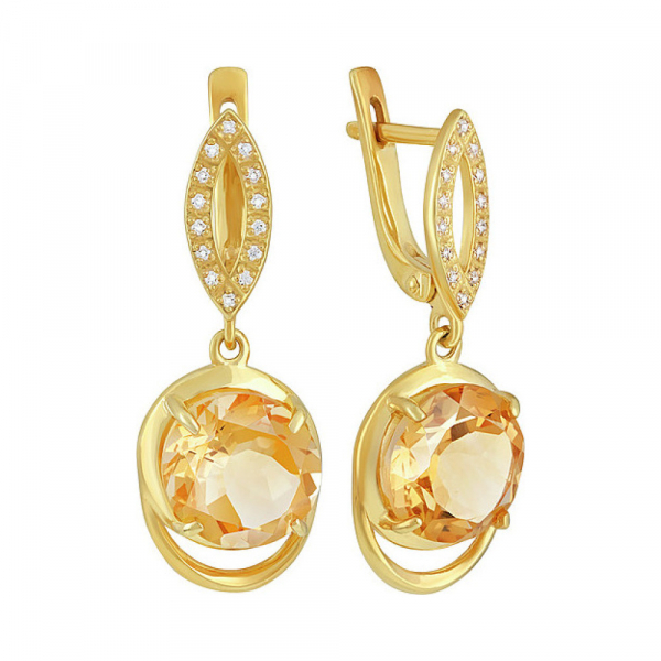 Серебряные серьги с цитрином,  фианитом и золотым покрытием № 133938