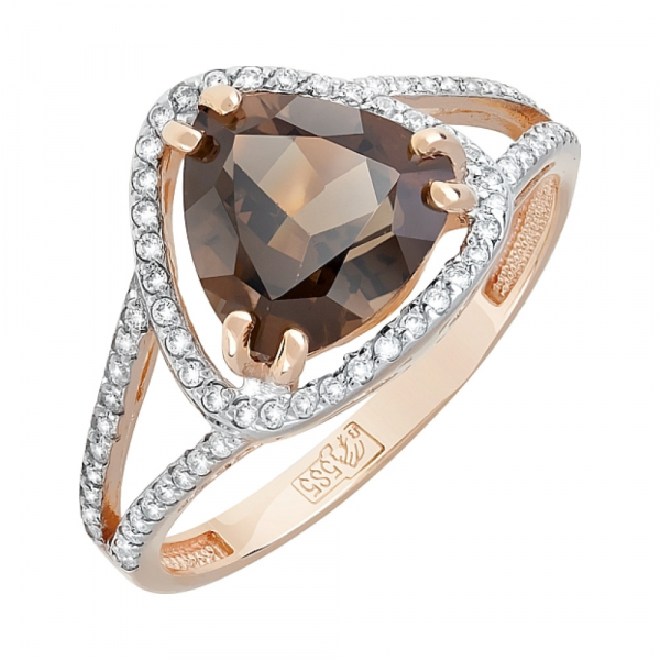 Золотое кольцо с раухтопазом и фианитом № 119945