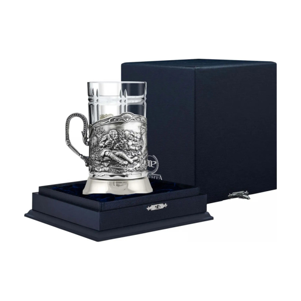 Подстаканник Охотники на привале с чернением из серебра 925 пробы