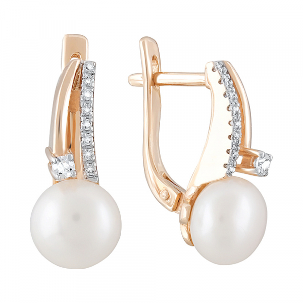 Золотые серьги с жемчугом и фианитом № 124124