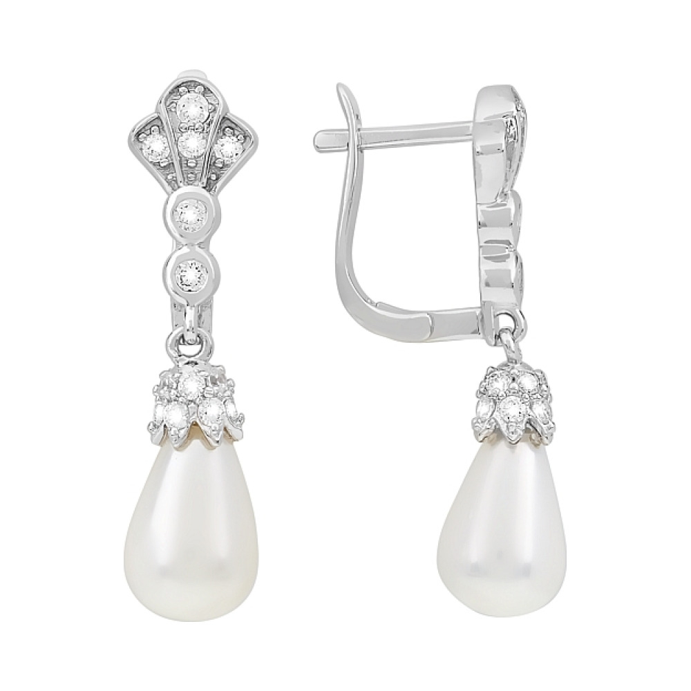 Серебряные серьги с фианитом и имитац.жемчуга № 117460