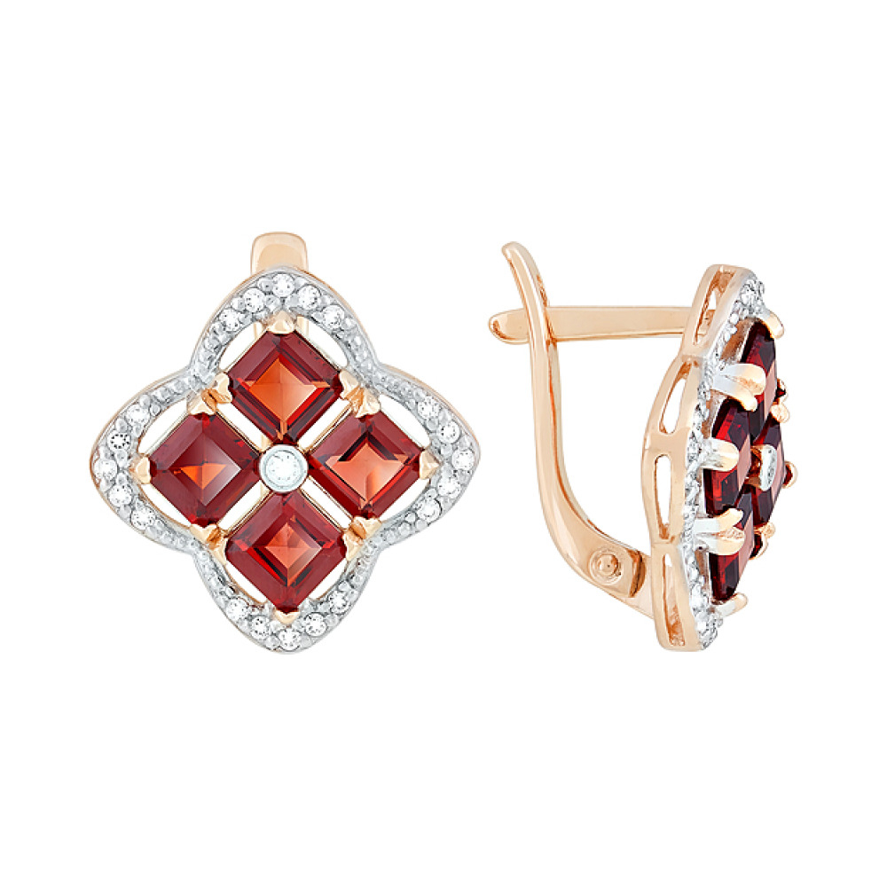 Золотые серьги с гранатом и фианитом № 118951