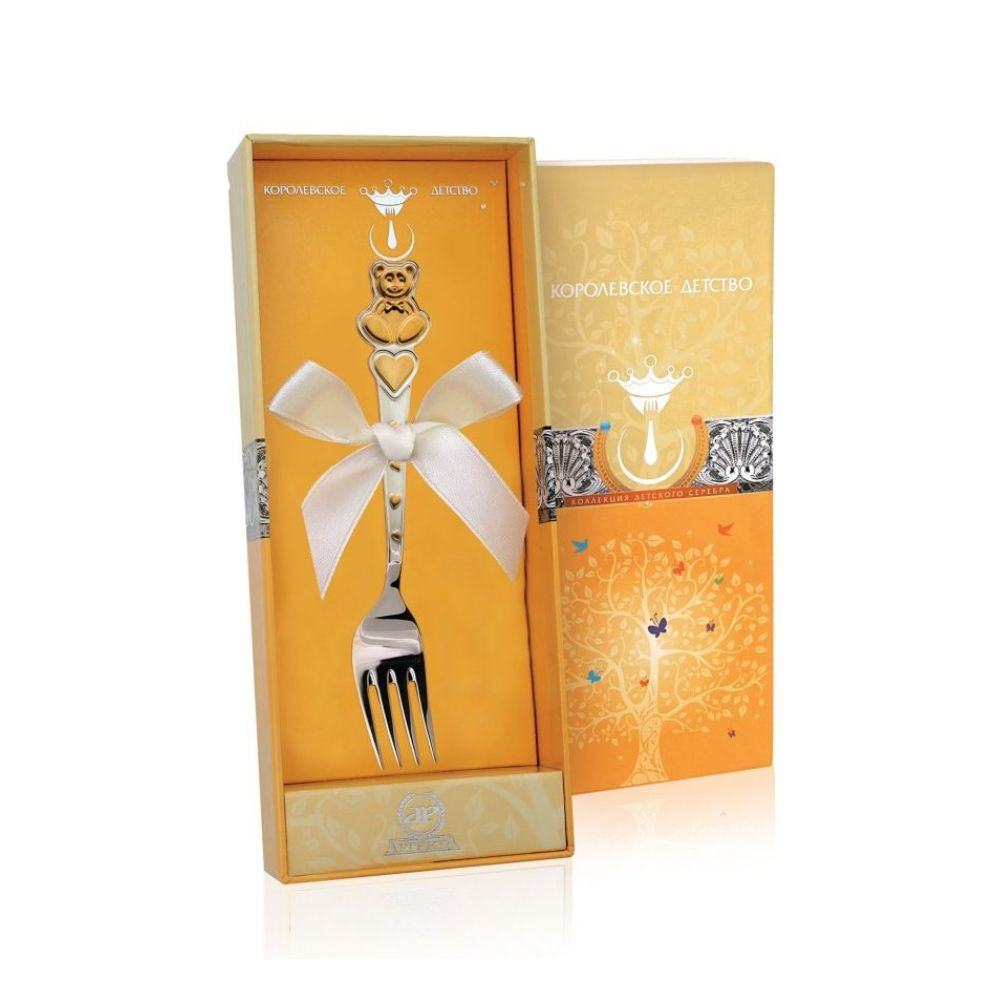 Вилка детская «Мишка с сердечками» с позолотой