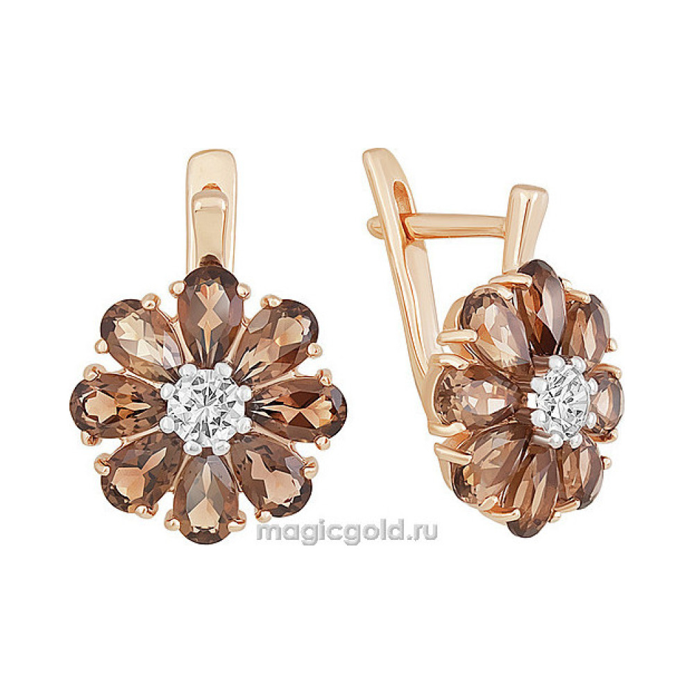 Золотые серьги с раухтопазом и фианитом № 141885