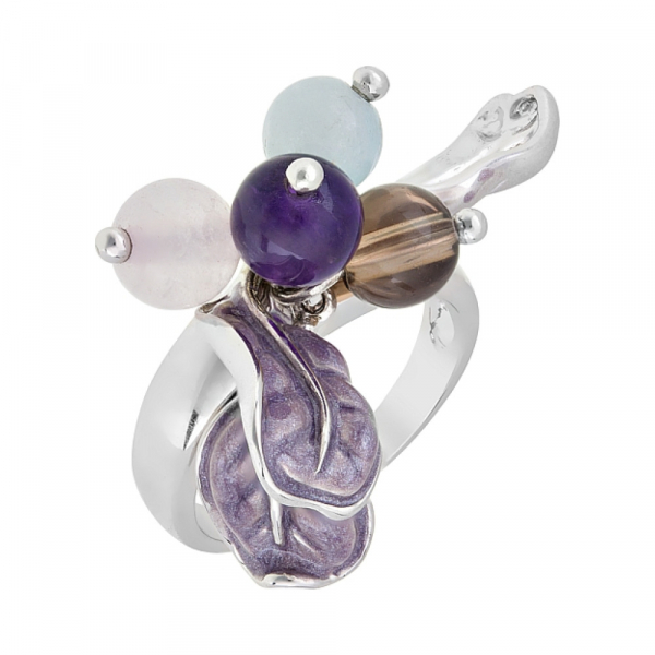 Серебряное кольцо с аметистом, дымчатым кварцем и аквам. № 34044