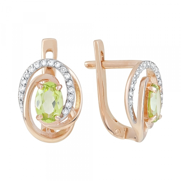 Золотые серьги с хризолитом и фианитом № 120018