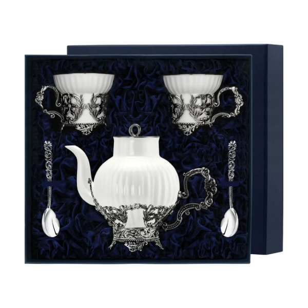 Набор Симфония: чашка, ложка, чайник в футляре из серебра 925 пробы