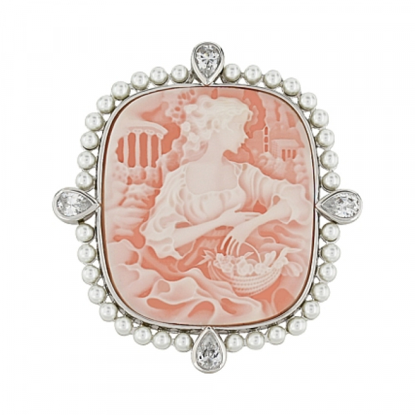 Серебряная брошь с фианитом,розовым карбоном и имитац. жемчуга № 80522