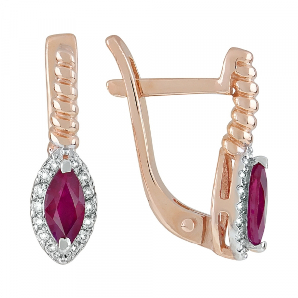 Золотые серьги с бриллиантом и рубином № 119122