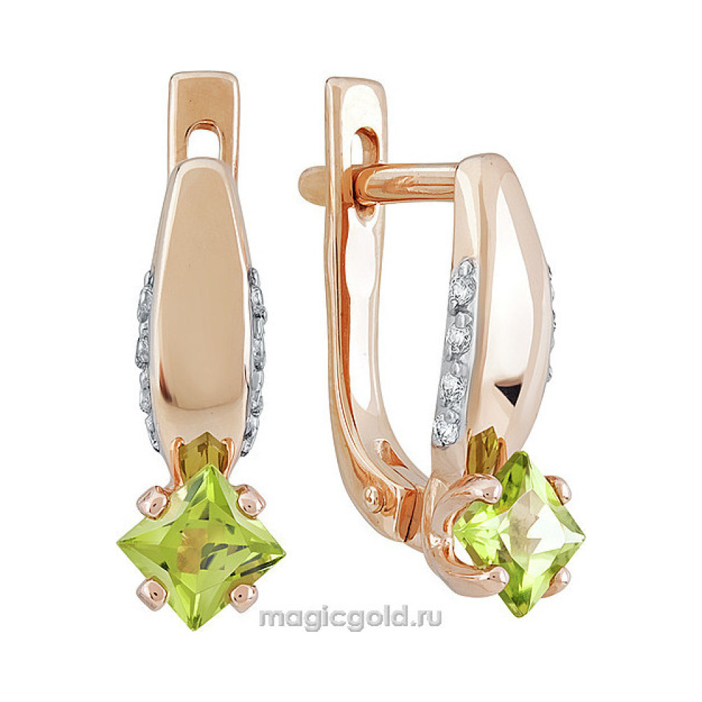 Золотые серьги с хризолитом и фианитом № 139808