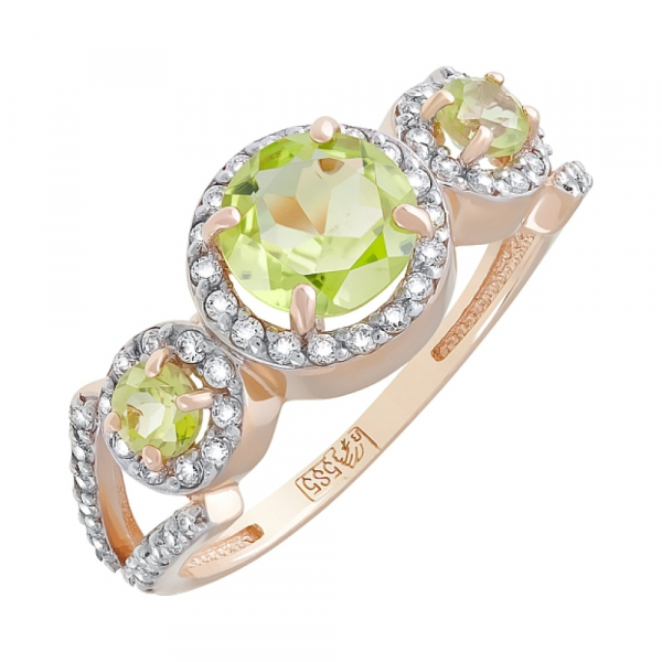 Золотое кольцо с хризолитом и фианитом № 120647