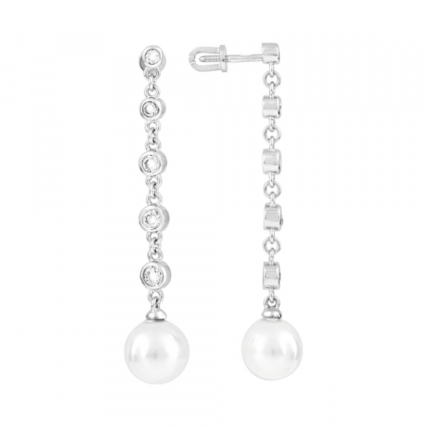 Серебряные серьги с имитац. жемчуга и фианитом № 112719