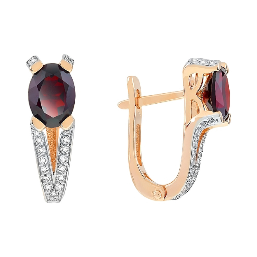Золотые серьги с гранатом и фианитом № 100310