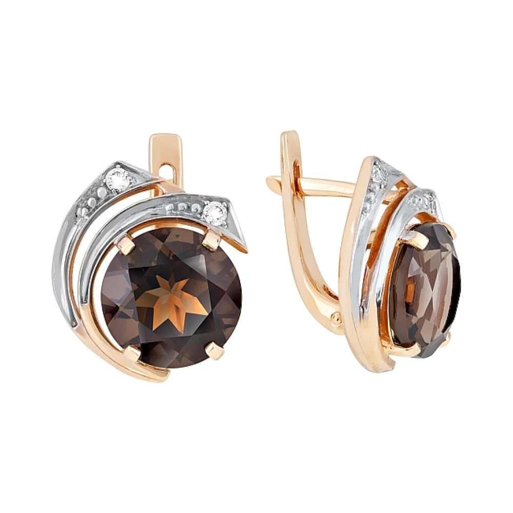 Золотые серьги с раухтопазом и фианитом № 95942