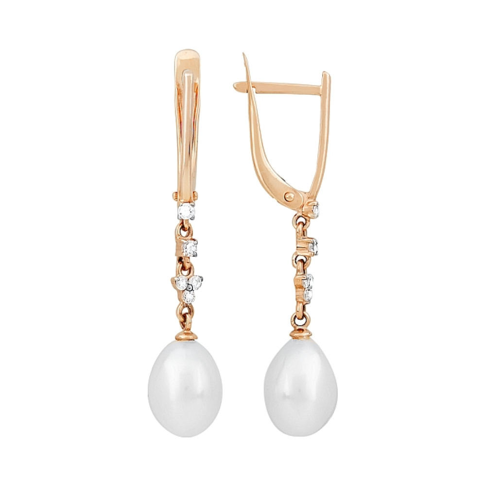 Золотые серьги с жемчугом и фианитом № 115212