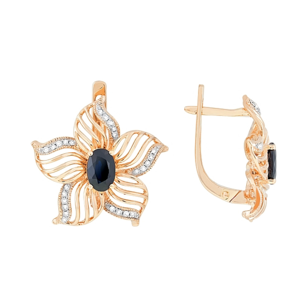 Золотые серьги с бриллиантом и сапфиром № 113716