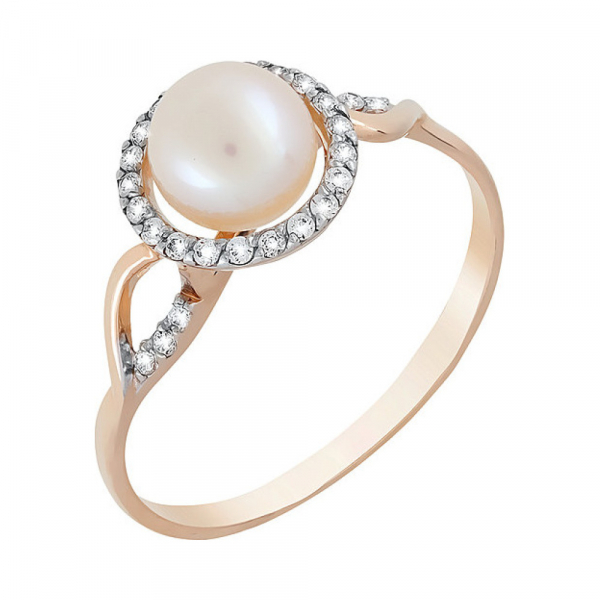 Золотое кольцо с жемчугом и фианитом № 119017