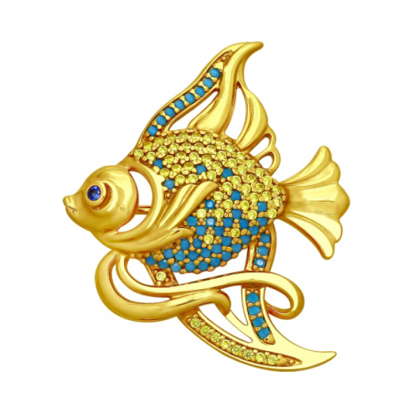 Серебряная брошь с ситаллом, фианитом и золотым покр. № 163070