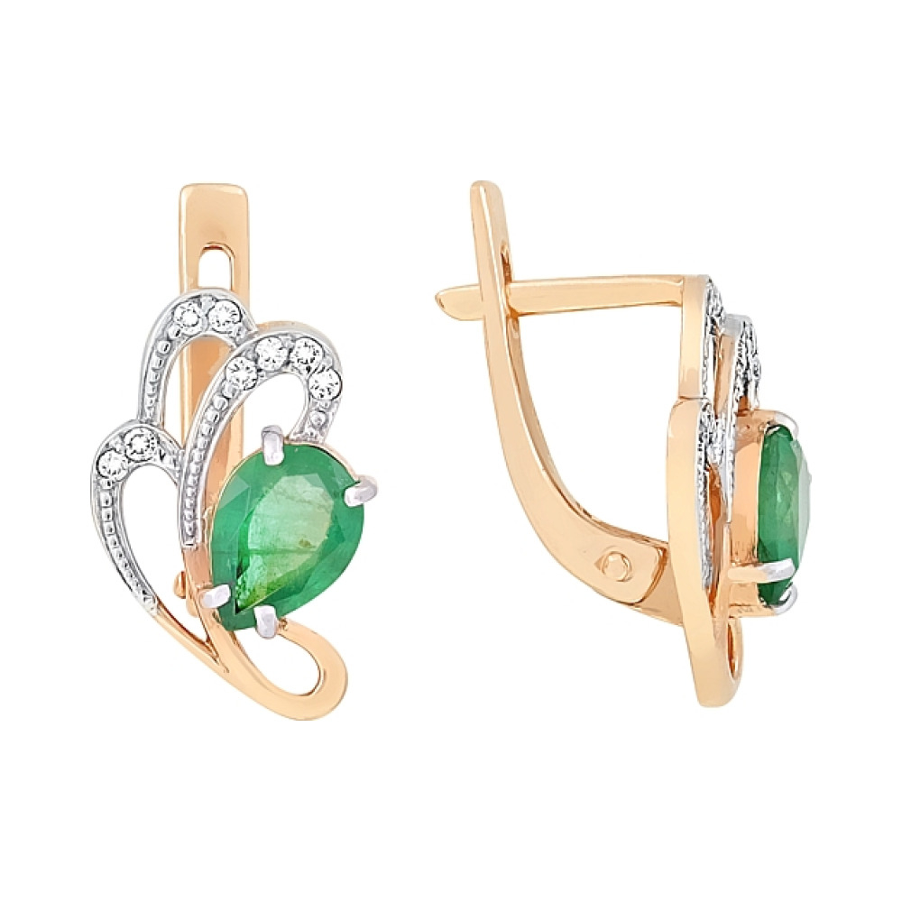 Золотые серьги с бриллиантом и изумрудом № 85169