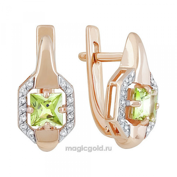 Золотые серьги с хризолитом и фианитом № 141398